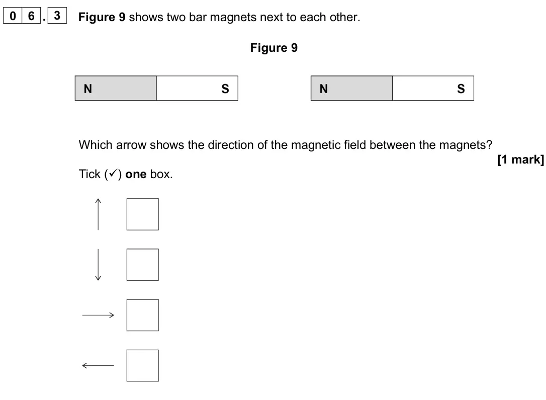 June 2025 Paper 2 Foundation, question 06.3: Figure 9 shows two bar magnets next to each other. Figure 9 Which arrow shows the direction of the magnetic field between the magnets? [1 mark] Tick () one box