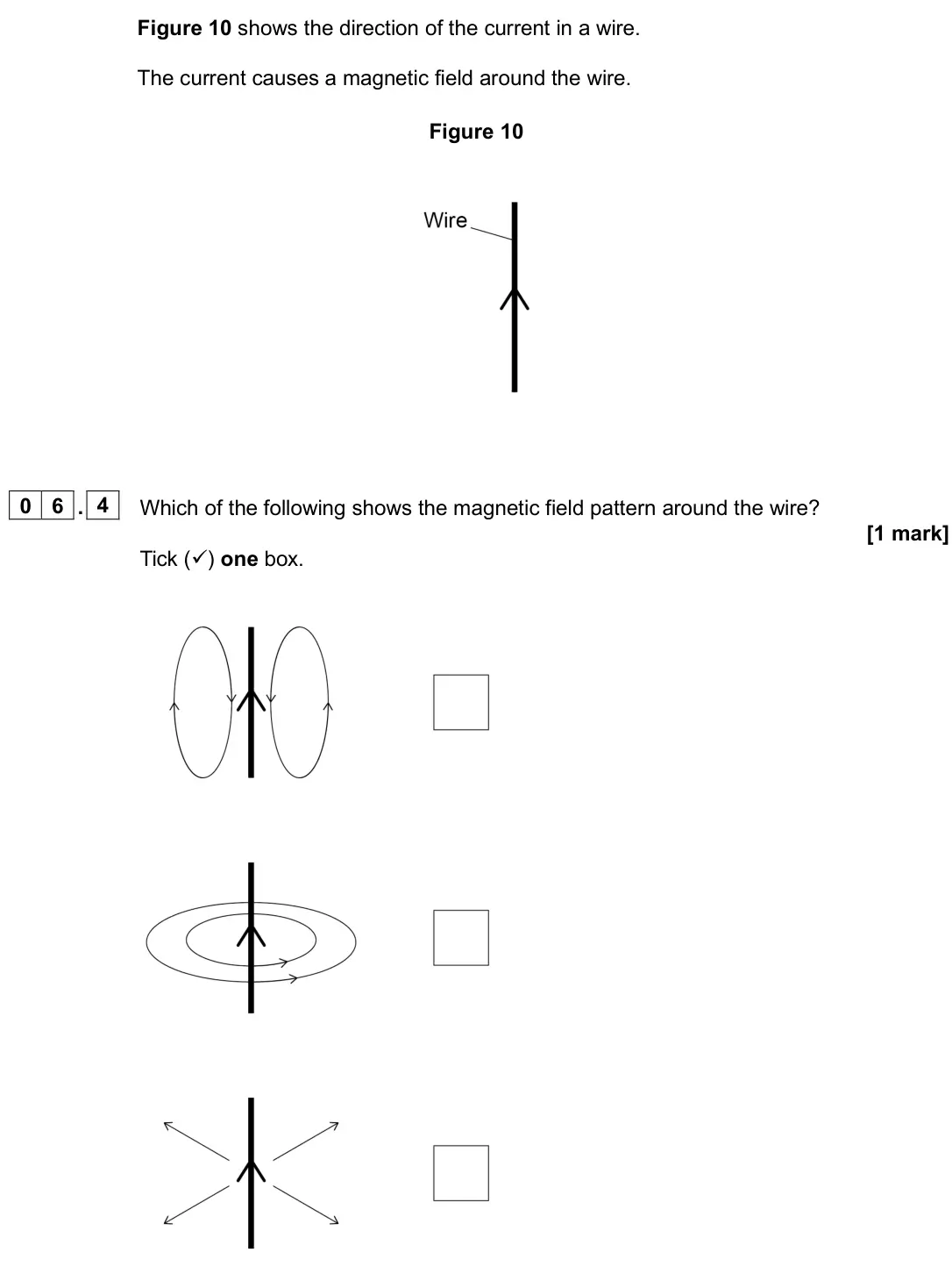 June 2025 Paper 2 Foundation, question 06.4: Which of the following shows the magnetic field pattern around the wire? [1 mark] Tick () one box.