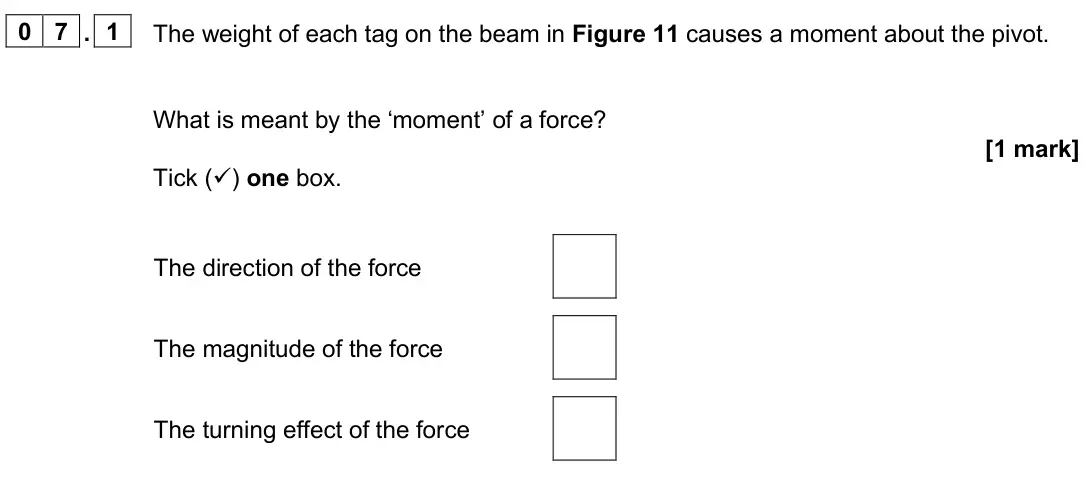 June 2025 Paper 2 Foundation, question 07.1: The weight of each tag on the beam in Figure 11 causes a moment about the pivot. What is meant by the ‘moment’ of a force? [1 mark] Tick () one box. The direct