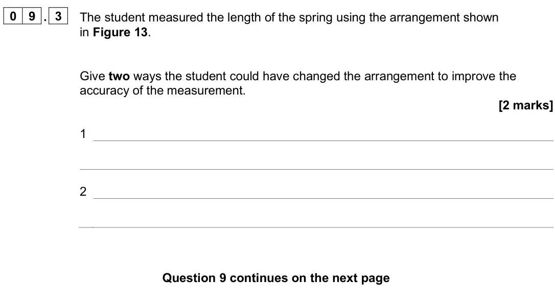 June 2025 Paper 2 Foundation, question 09.3: The student measured the length of the spring using the arrangement shown in Figure 13. Give two ways the student could have changed the arrangement to improve