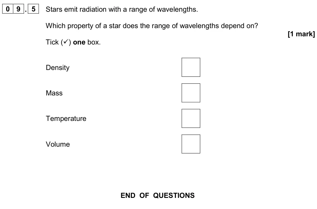 November 2020 Paper 2 Foundation, question 09.5: Stars emit radiation with a range of wavelengths. Which property of a star does the range of wavelengths depend on? [1 mark] Tick () one box. Density Mass Temp