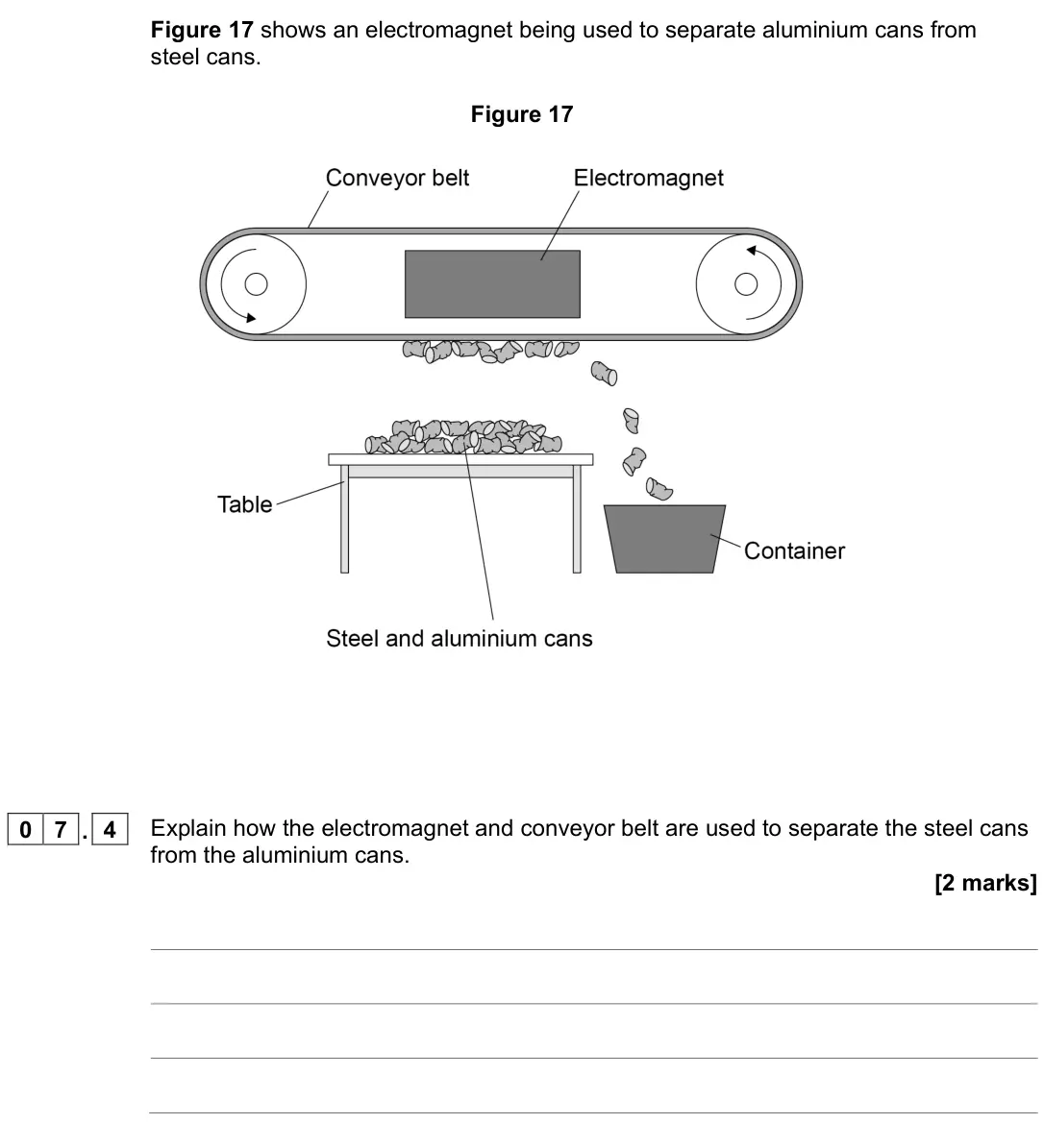 November 2021 Paper 2 Foundation, question 07.4: Explain how the electromagnet and conveyor belt are used to separate the steel cans from the aluminium cans. [2 marks]