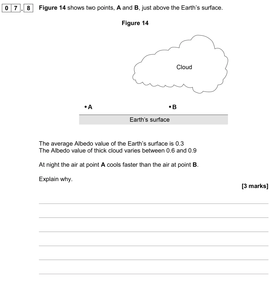 June 2019 Paper 2 Higher, question 07.8: Figure 14 shows two points, A and B, just above the Earth’s surface. Figure 14 The average Albedo value of the Earth’s surface is 0.3 The Albedo value of thick