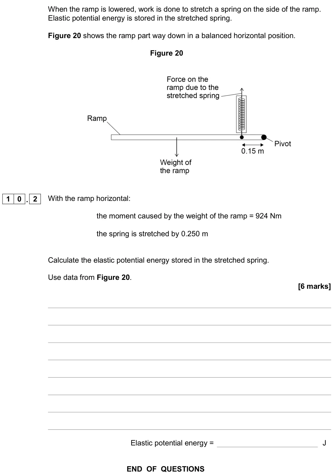 June 2019 Paper 2 Higher, question 10.2: With the ramp horizontal: the moment caused by the weight of the ramp = 924 Nm the spring is stretched by 0.250 m Calculate the elastic potential energy stored 