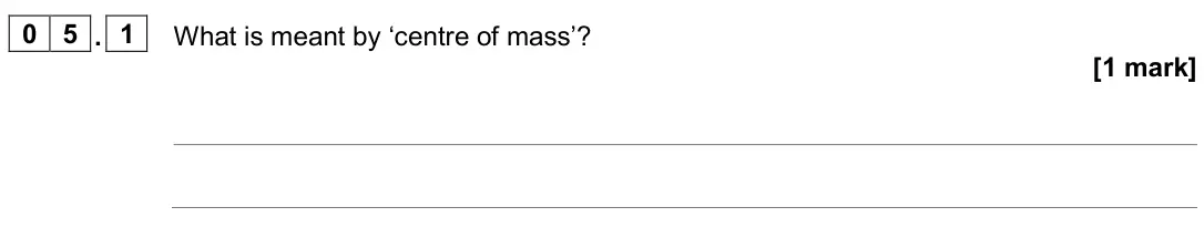 June 2022 Paper 2 Higher, question 05.1: What is meant by ‘centre of mass’? [1 mark]