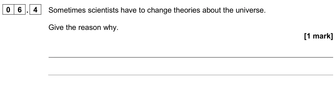 June 2022 Paper 2 Higher, question 06.4: Sometimes scientists have to change theories about the universe. Give the reason why. [1 mark]