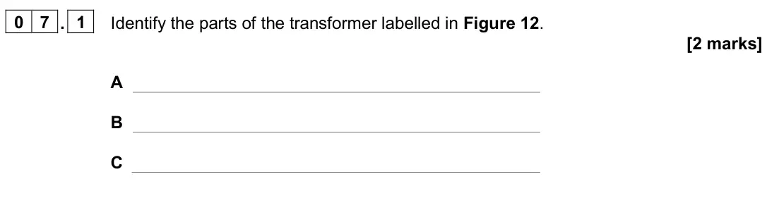June 2022 Paper 2 Higher, question 07.1: Identify the parts of the transformer labelled in Figure 12. [2 marks] A B C