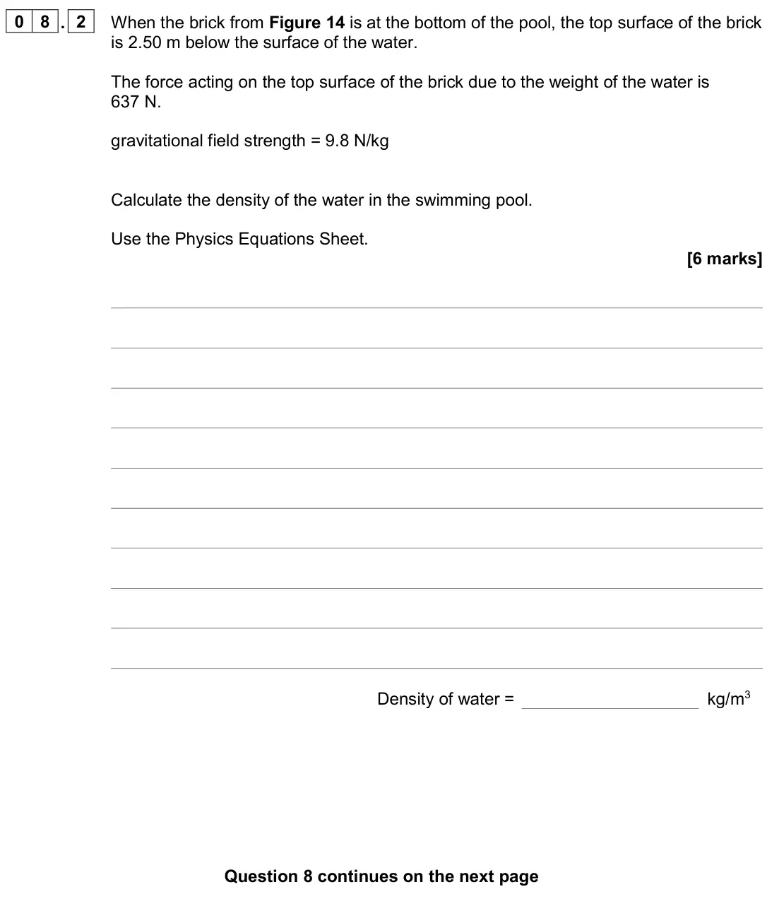 June 2022 Paper 2 Higher, question 08.2: When the brick from Figure 14 is at the bottom of the pool, the top surface of the brick is 2.50 m below the surface of the water. The force acting on the top s