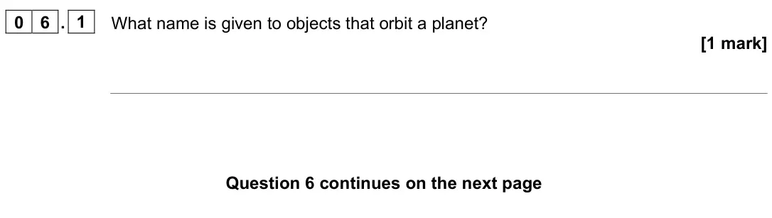 June 2023 Paper 2 Higher, question 06.1: What name is given to objects that orbit a planet? [1 mark]
