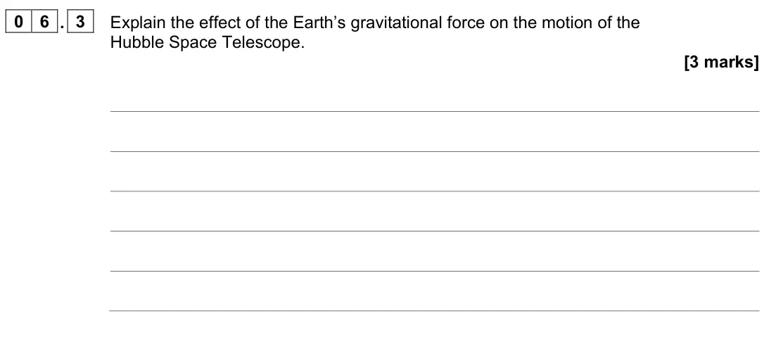 June 2023 Paper 2 Higher, question 06.3: Explain the effect of the Earth’s gravitational force on the motion of the Hubble Space Telescope. [3 marks]