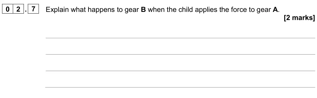 June 2024 Paper 2 Higher, question 02.7: Explain what happens to gear B when the child applies the force to gear A. [2 marks]