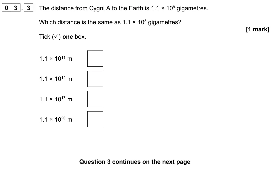 June 2024 Paper 2 Higher, question 03.3: The distance from Cygni A to the Earth is 1.1 × 108 gigametres. Which distance is the same as 1.1 × 108 gigametres? [1 mark] Tick () one box. 1.1 × 1011 m 1.1 