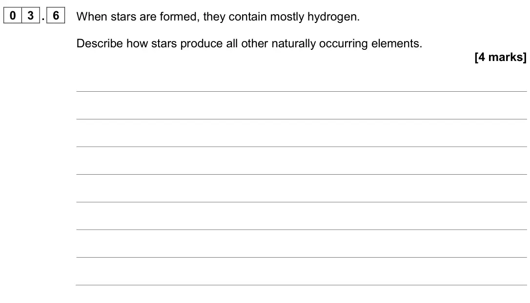June 2024 Paper 2 Higher, question 03.6: When stars are formed, they contain mostly hydrogen. Describe how stars produce all other naturally occurring elements. [4 marks]