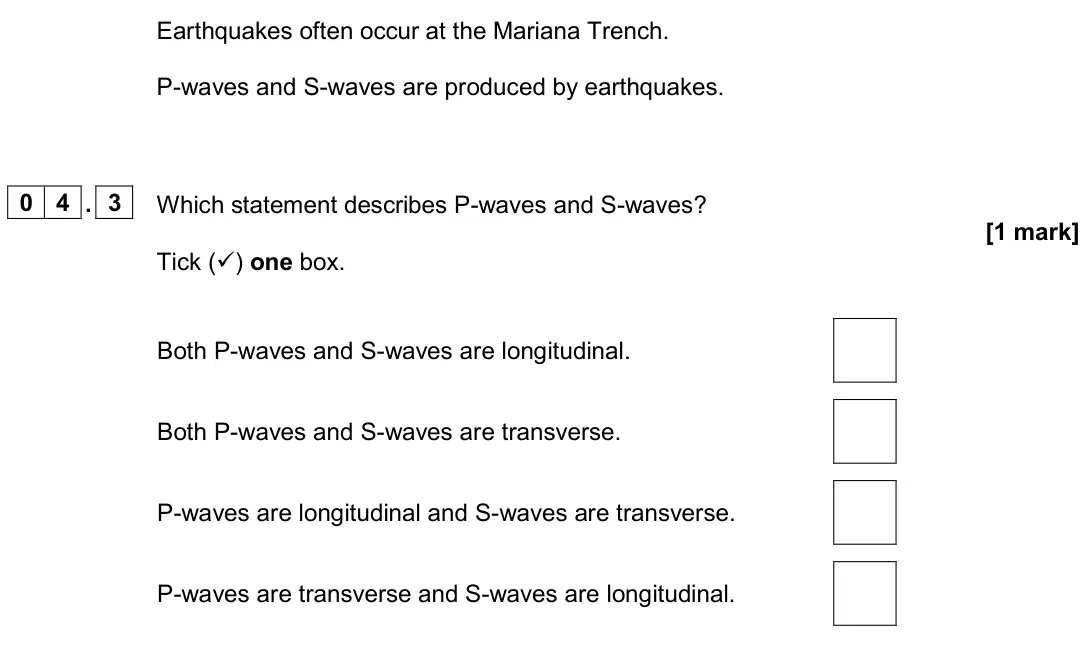 June 2024 Paper 2 Higher, question 04.3: Which statement describes P-waves and S-waves? [1 mark] Tick () one box. Both P-waves and S-waves are longitudinal. Both P-waves and S-waves are transverse. P-