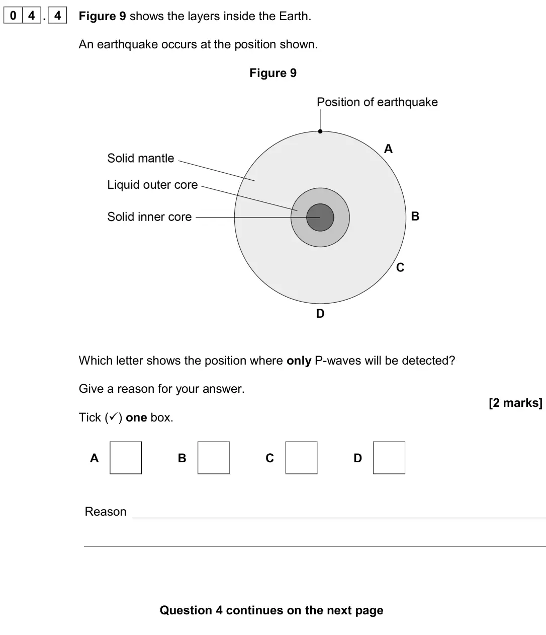 June 2024 Paper 2 Higher, question 04.4: Figure 9 shows the layers inside the Earth. An earthquake occurs at the position shown. Figure 9 Which letter shows the position where only P-waves will be dete