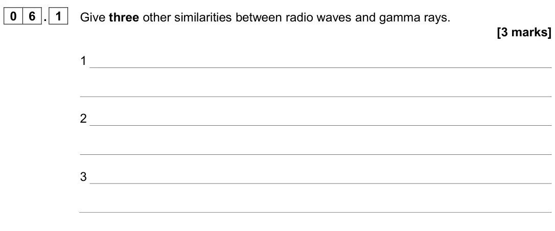 June 2024 Paper 2 Higher, question 06.1: Give three other similarities between radio waves and gamma rays. [3 marks] 1 2 3