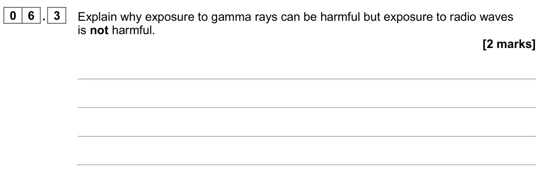 June 2024 Paper 2 Higher, question 06.3: Explain why exposure to gamma rays can be harmful but exposure to radio waves is not harmful. [2 marks]