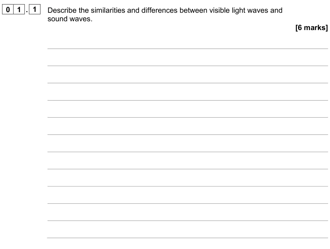 June 2025 Paper 2 Higher, question 01.1: Describe the similarities and differences between visible light waves and sound waves. [6 marks]