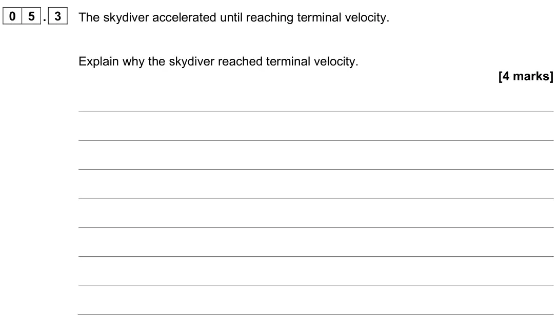 June 2025 Paper 2 Higher, question 05.3: The skydiver accelerated until reaching terminal velocity. Explain why the skydiver reached terminal velocity. [4 marks]