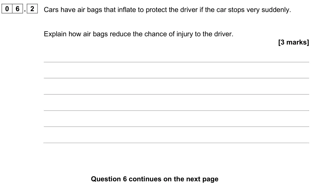 June 2025 Paper 2 Higher, question 06.2: Cars have air bags that inflate to protect the driver if the car stops very suddenly. Explain how air bags reduce the chance of injury to the driver. [3 marks]