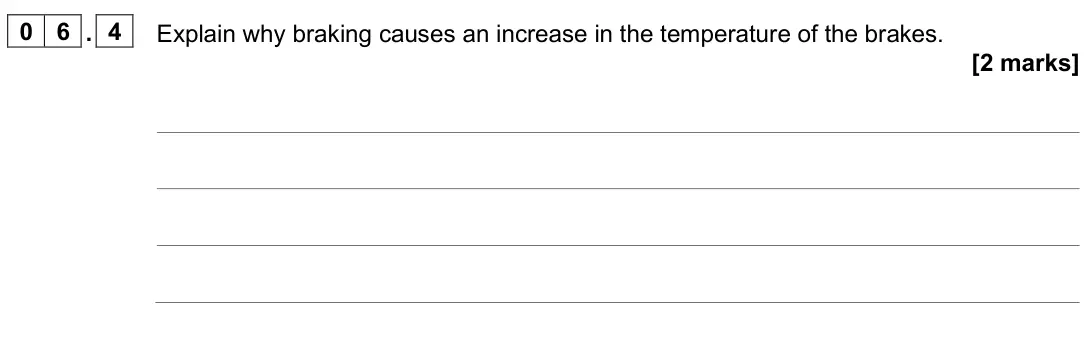 June 2025 Paper 2 Higher, question 06.4: Explain why braking causes an increase in the temperature of the brakes. [2 marks]