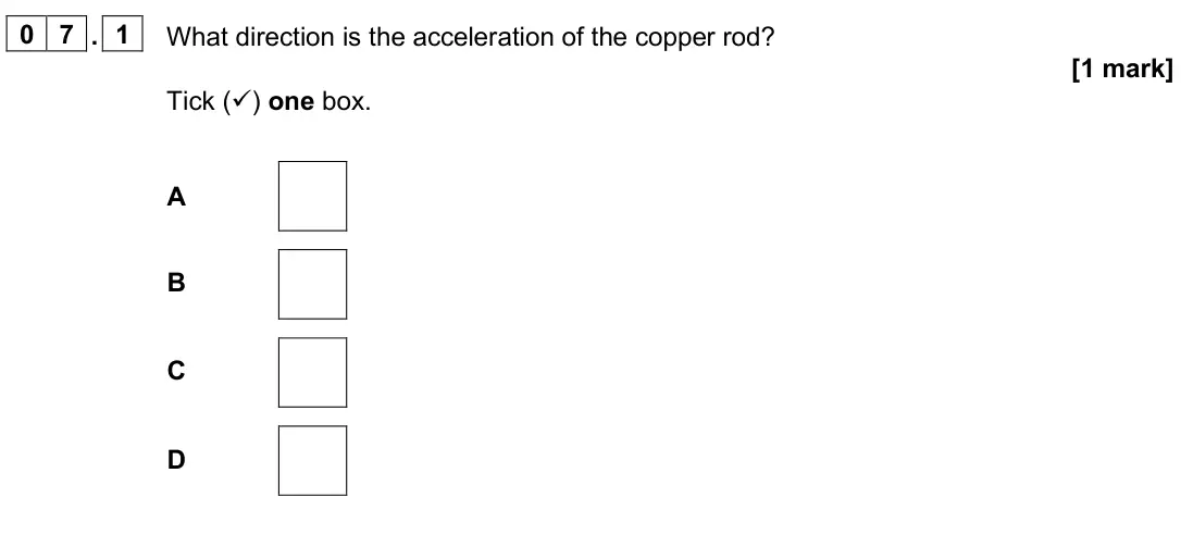 June 2025 Paper 2 Higher, question 07.1: What direction is the acceleration of the copper rod? [1 mark] Tick () one box. A B C D