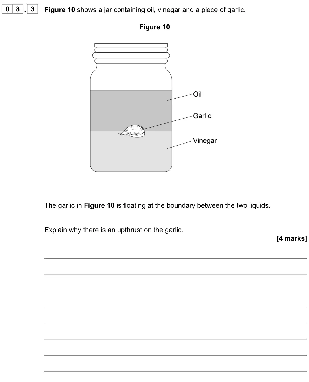 June 2025 Paper 2 Higher, question 08.3: Figure 10 shows a jar containing oil, vinegar and a piece of garlic. Figure 10 The garlic in Figure 10 is floating at the boundary between the two liquids. Expl