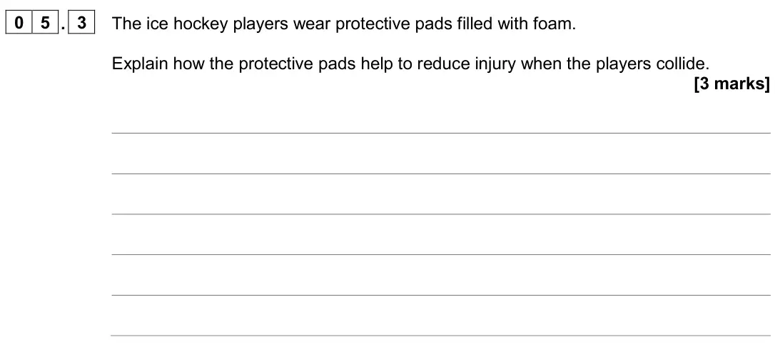 November 2020 Paper 2 Higher, question 05.3: The ice hockey players wear protective pads filled with foam. Explain how the protective pads help to reduce injury when the players collide. [3 marks]