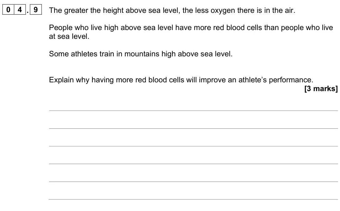 June 2023 Biology Paper 1 Foundation, question 04.9: The greater the height above sea level, the less oxygen there is in the air. People who live high above sea level have more red blood cells than people who live