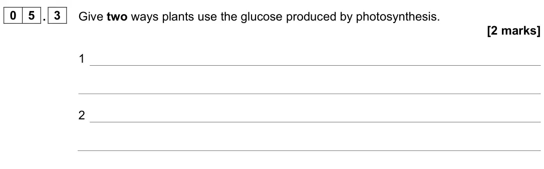 June 2024 Biology Paper 1 Foundation, question 05.3: Give two ways plants use the glucose produced by photosynthesis. [2 marks] 1 2