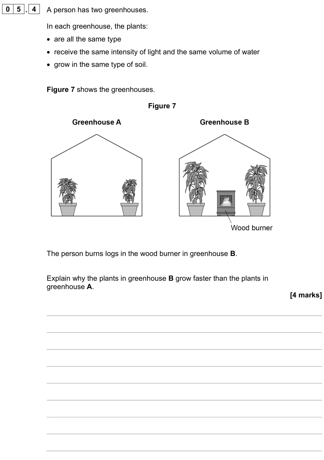 June 2024 Biology Paper 1 Foundation, question 05.4: A person has two greenhouses. In each greenhouse, the plants: • are all the same type • receive the same intensity of light and the same volume of water • grow 
