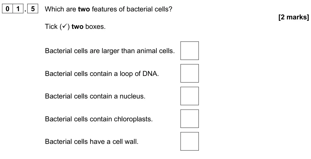 June 2025 Biology Paper 1 Foundation, question 01.5: Which are two features of bacterial cells? [2 marks] Tick () two boxes. Bacterial cells are larger than animal cells. Bacterial cells contain a loop of DNA. Ba