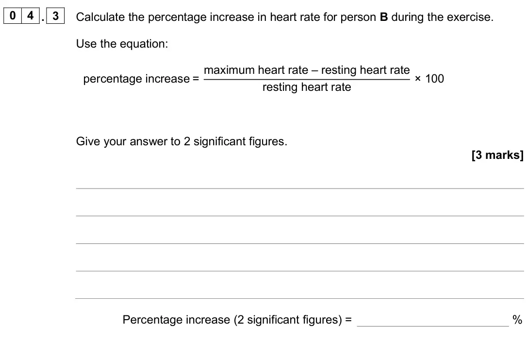 June 2025 Biology Paper 1 Foundation, question 04.3: Calculate the percentage increase in heart rate for person B during the exercise. Use the equation: percentage increase = maximum heart rate – resting heart rat