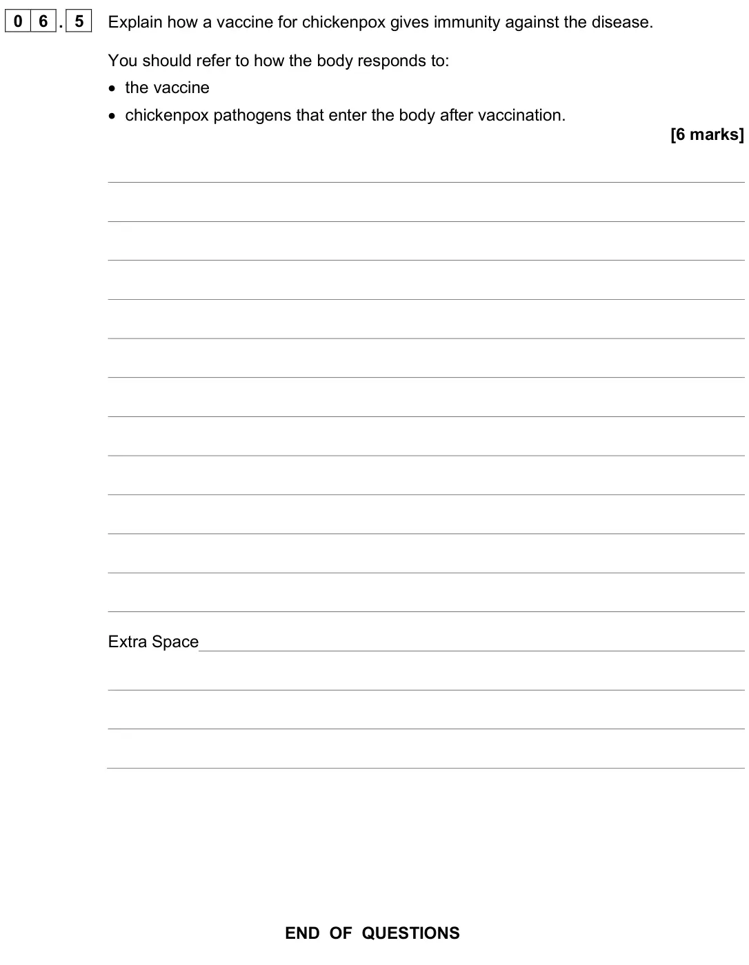 June 2025 Biology Paper 1 Foundation, question 06.5: Explain how a vaccine for chickenpox gives immunity against the disease. You should refer to how the body responds to: • the vaccine • chickenpox pathogens that