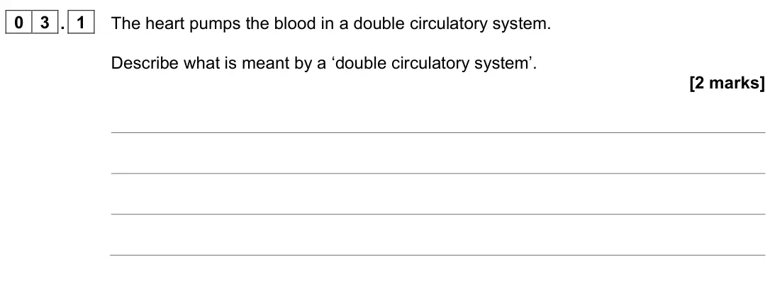 June 2023 Biology Paper 1 Higher, question 03.1: The heart pumps the blood in a double circulatory system. Describe what is meant by a ‘double circulatory system’. [2 marks]