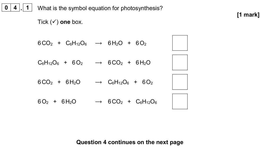 June 2024 Biology Paper 1 Higher, question 04.1: What is the symbol equation for photosynthesis? [1 mark] Tick () one box. 6 CO2 + C6H12O6 ⟶ 6 H2O + 6 O2 C6H12O6 + 6 O2 ⟶ 6 CO2 + 6 H2O 6 CO2 + 6 H2O ⟶ C6H12O6