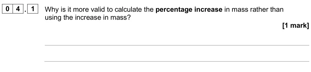 June 2025 Biology Paper 1 Higher, question 04.1: Why is it more valid to calculate the percentage increase in mass rather than using the increase in mass? [1 mark]