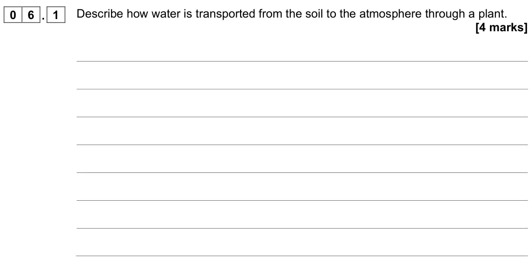 November 2021 Biology Paper 1 Higher, question 06.1: Describe how water is transported from the soil to the atmosphere through a plant. [4 marks]
