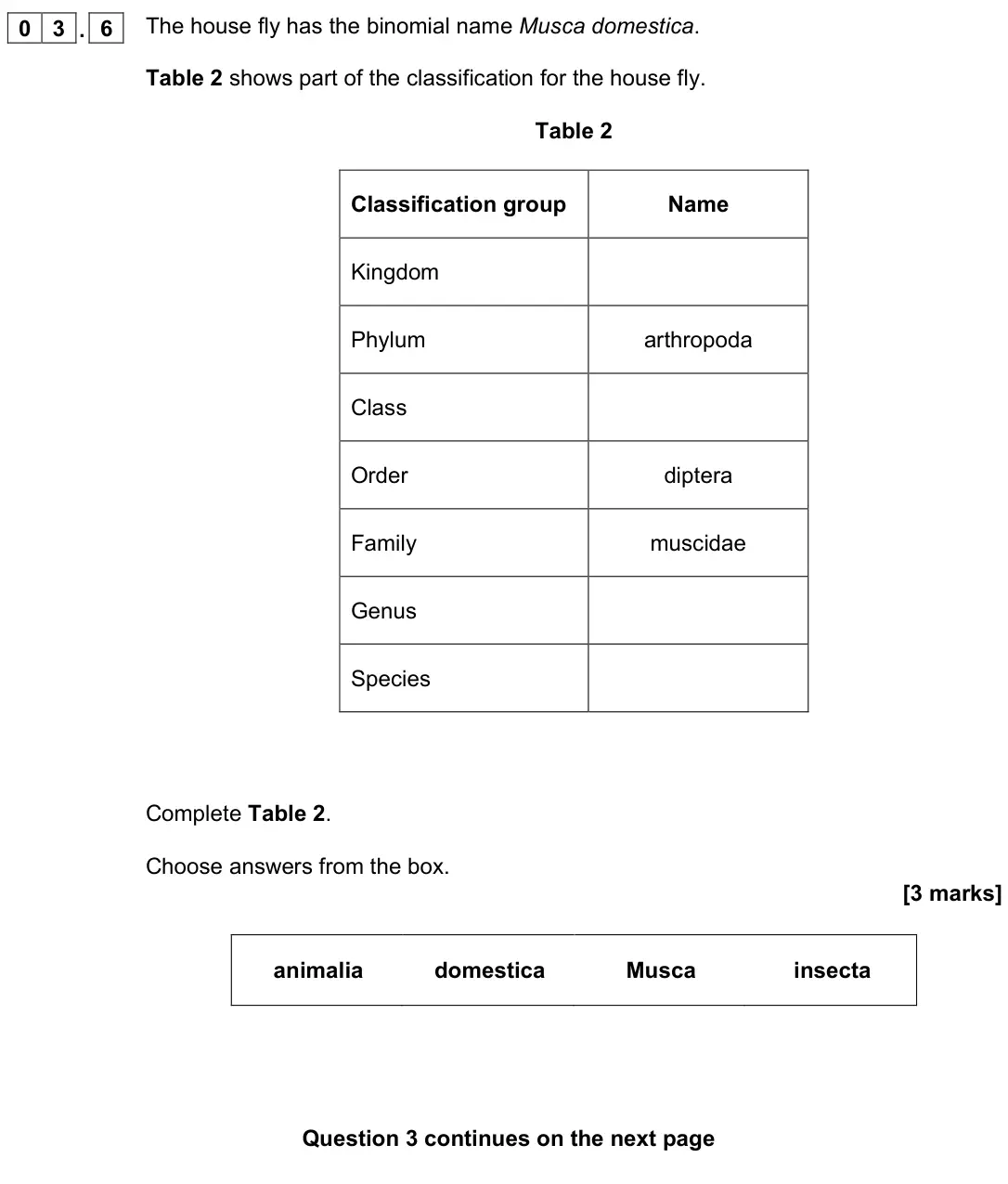 June 2022 Biology Paper 2 Foundation, question 03.6: The house fly has the binomial name Musca domestica. Table 2 shows part of the classification for the house fly. Table 2 Classification group Name Kingdom Phylu
