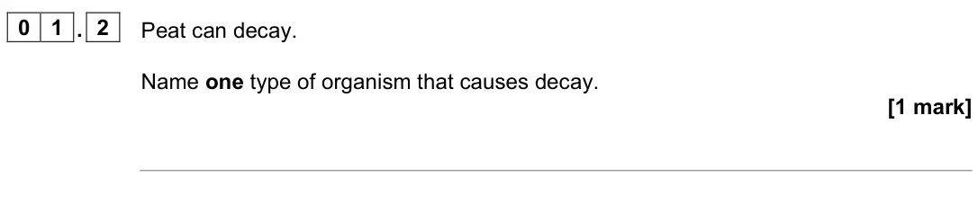 June 2023 Biology Paper 2 Foundation, question 01.2: Peat can decay. Name one type of organism that causes decay. [1 mark]
