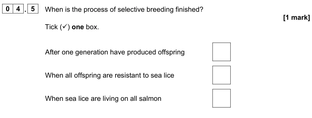 June 2023 Biology Paper 2 Foundation, question 04.5: When is the process of selective breeding finished? [1 mark] Tick () one box. After one generation have produced offspring When all offspring are resistant to 