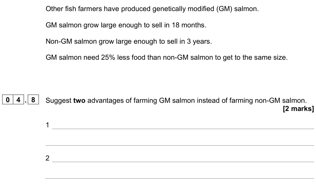 June 2023 Biology Paper 2 Foundation, question 04.8: Suggest two advantages of farming GM salmon instead of farming non-GM salmon. [2 marks] 1 2