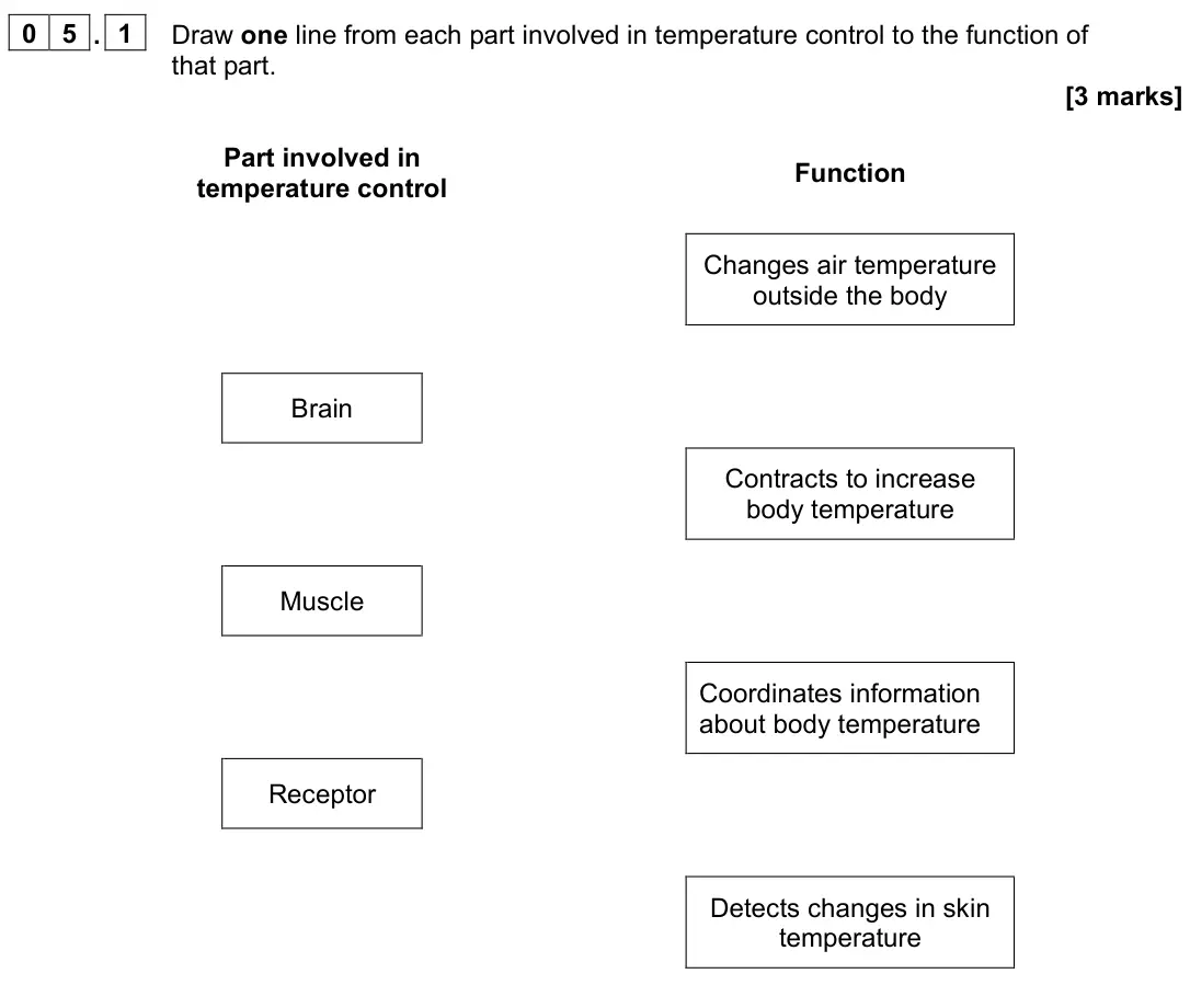 June 2023 Biology Paper 2 Foundation, question 05.1: Draw one line from each part involved in temperature control to the function of that part. [3 marks] Part involved in temperature control Function Brain Muscle 