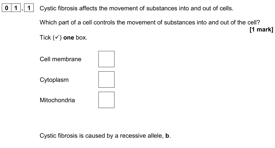 June 2024 Biology Paper 2 Foundation, question 01.1: Cystic fibrosis affects the movement of substances into and out of cells. Which part of a cell controls the movement of substances into and out of the cell? [1 