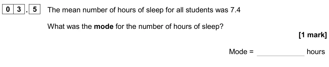 June 2024 Biology Paper 2 Foundation, question 03.5: The mean number of hours of sleep for all students was 7.4 What was the mode for the number of hours of sleep? [1 mark] Mode = hours