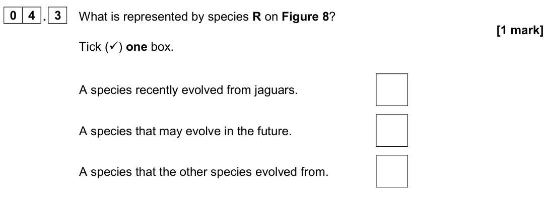 June 2024 Biology Paper 2 Foundation, question 04.3: What is represented by species R on Figure 8? [1 mark] Tick () one box. A species recently evolved from jaguars. A species that may evolve in the future. A spe