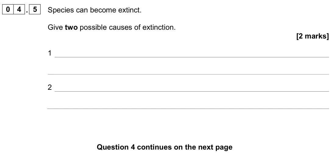 June 2024 Biology Paper 2 Foundation, question 04.5: Species can become extinct. Give two possible causes of extinction. [2 marks] 1 2