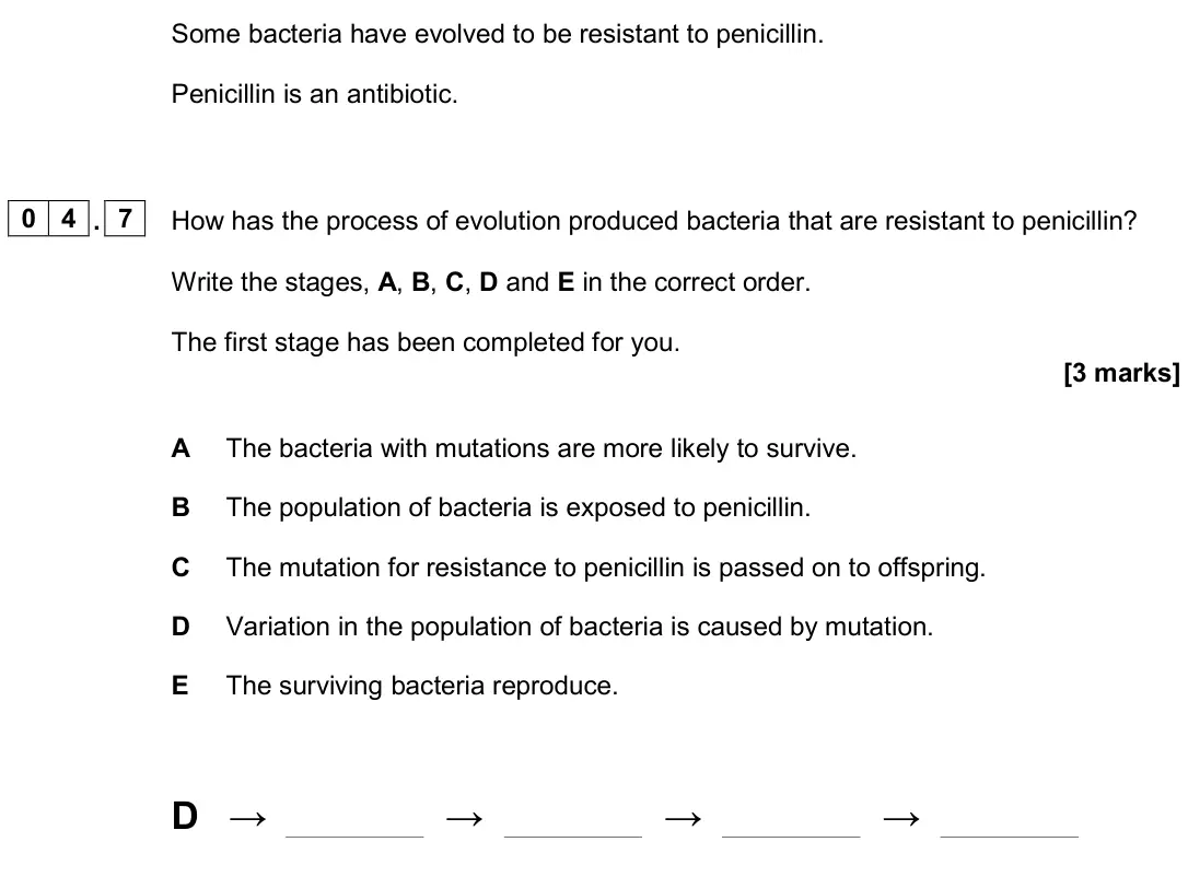 June 2024 Biology Paper 2 Foundation, question 04.7: How has the process of evolution produced bacteria that are resistant to penicillin? Write the stages, A, B, C, D and E in the correct order. The first stage ha