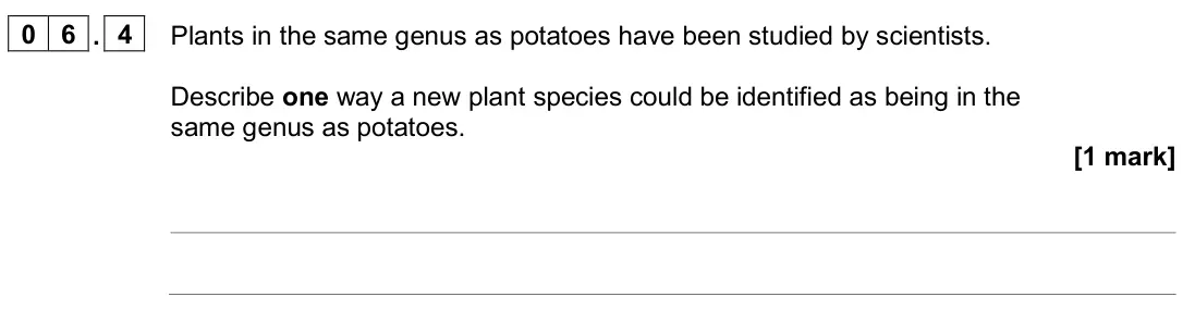 June 2024 Biology Paper 2 Foundation, question 06.4: Plants in the same genus as potatoes have been studied by scientists. Describe one way a new plant species could be identified as being in the same genus as pot