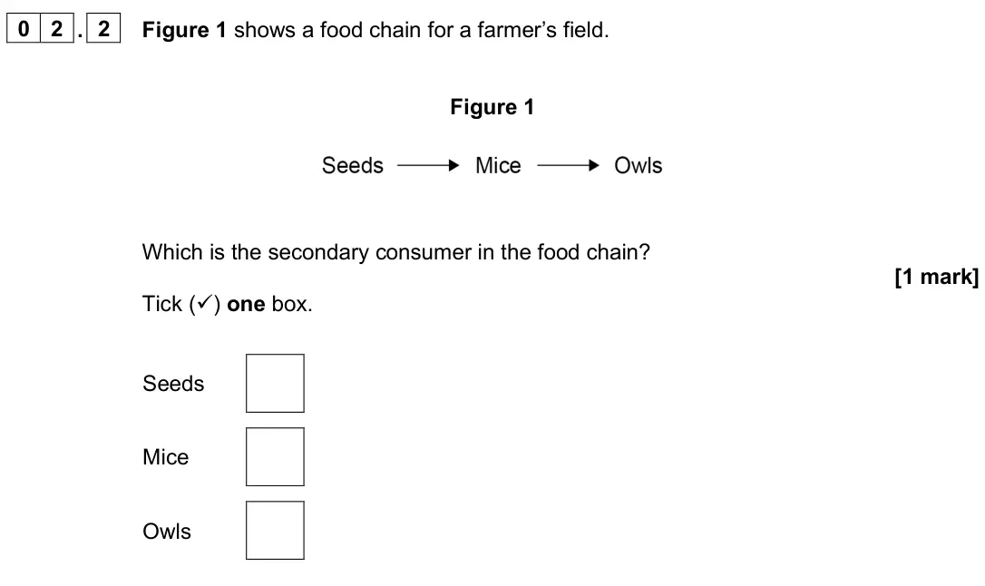 June 2025 Biology Paper 2 Foundation, question 02.2: Figure 1 shows a food chain for a farmer’s field. Figure 1 Which is the secondary consumer in the food chain? [1 mark] Tick () one box. Seeds Mice Owls